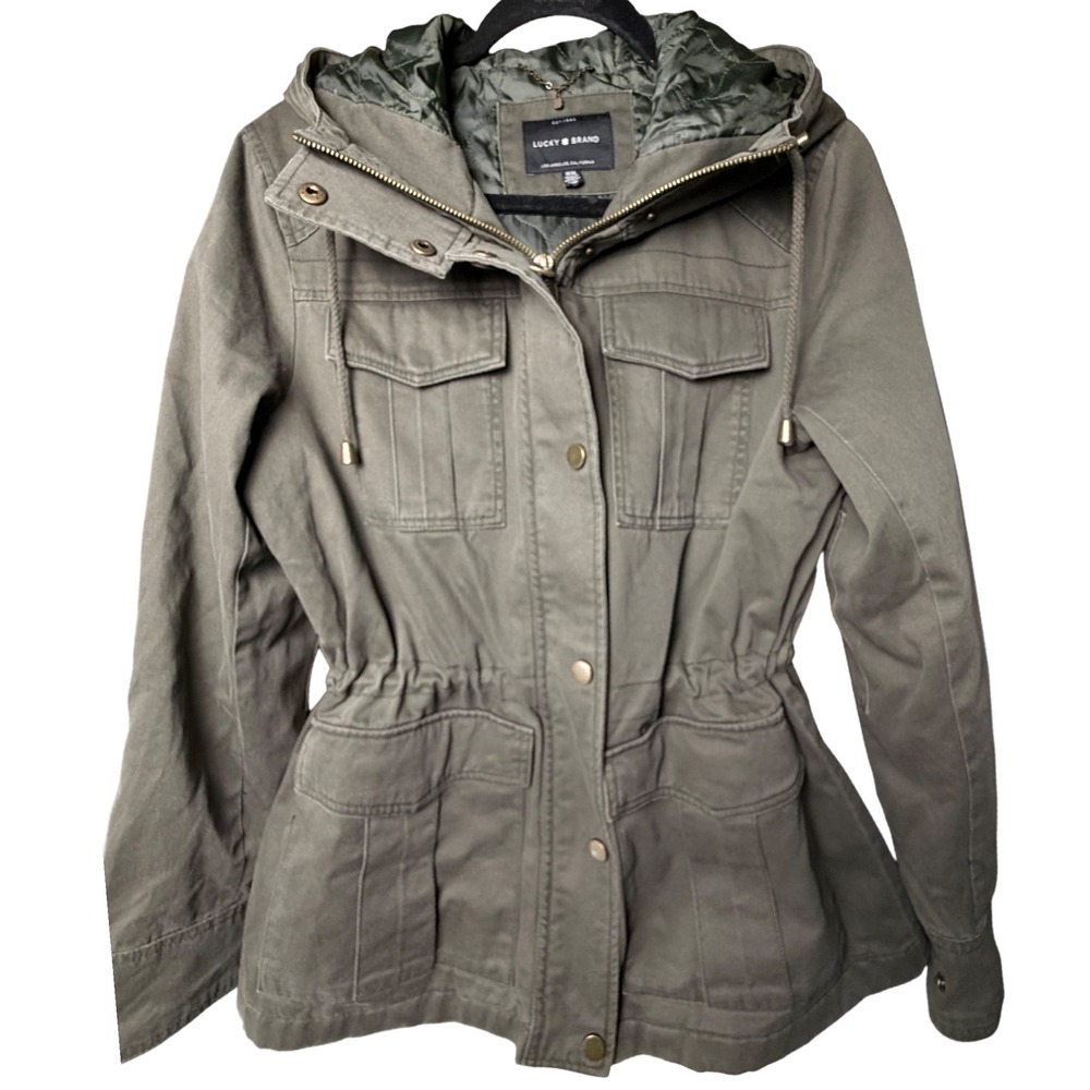 Lucky Brand Womens Army Green Utility Field Jacket Quilted Lining Hooded Medium